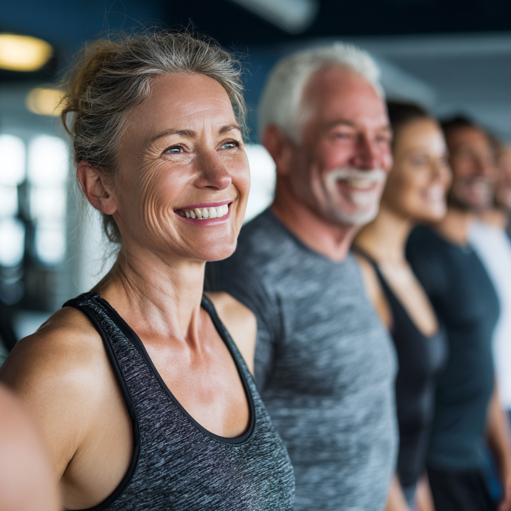 Middle-aged adults engaging in fitness activities with professional trainers